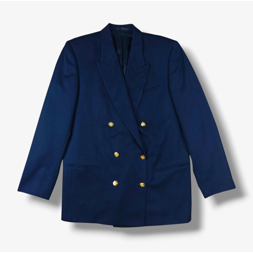 Augustus Women's 12 Navy Blue 100% Wool Double-Breasted Peak Lapel Blazer